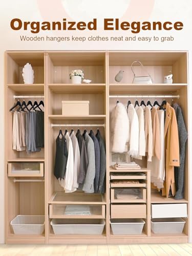 Image of GINOYA BROTHERS Walnut Wooden Suit Hangers 24 Pack with Non Slip Pants Bar - Smooth Finish Solid Wood Coat Hanger for Camisole, Jacket, Pant, Dress Clothes Hangers (Black: 8)
