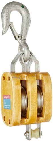 Indusco 16900106 5" Double Wood Manila Rope Block with Hook, 1800 lbs Load Capacity, 5/8" Rope, 3" Sheave