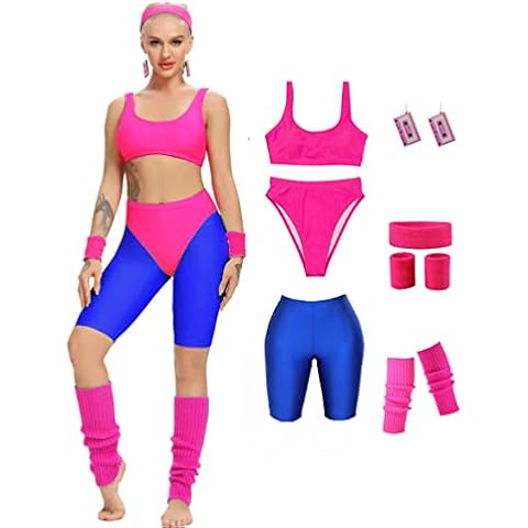 MIAIULIA Womens 80s Workout Costume Outfit 80s Accessories Set Neon Shorts Earring Leg Warmers Headband Wristbands Bikini XL, Bikini, X-Large Cover
