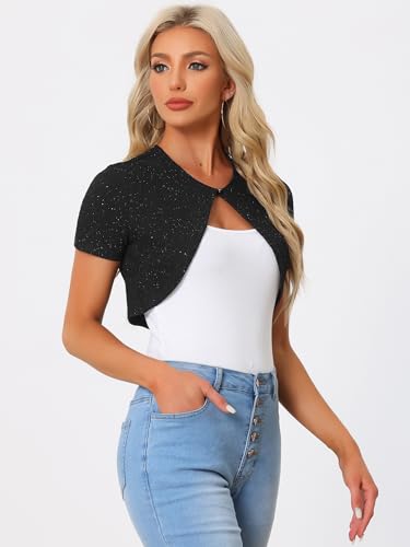 Image of Allegra K Women's Cropped Cardigan Knitted Metallic Bolero Shrug X-Large Black