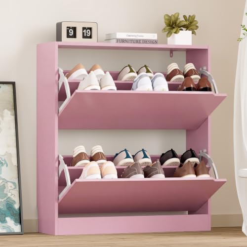 Image of BORNOON Shoe Cabinet with 2 Flip Drawers, Slim Narrow Shoe Storage Cabinet, Freestanding Shoe Organizer with Adjustable & Removable Shelves, Top Display Shelf for Entryway, Hallway, Foyer, Closet