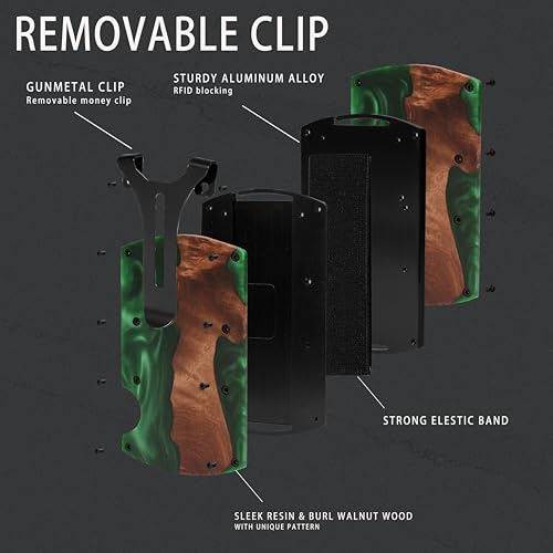 Image of Minimalist Wallet for Men, Slim Metal RFID Blocking Wallet Credit Card Holder Money Clip & Cash Strap, Scratch-Resistant Holds 15 Cards,Ideal Gift for Men | Resin Wood, Unique Pattern,Green
