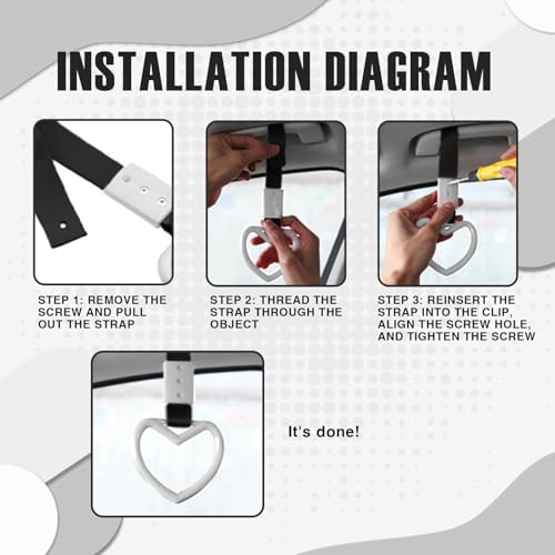 Image of 2PCS Heart Shaped Car Handle Straps, Rear Bumper Warning Keychain Ring for Car Exterior Accessories (White)
