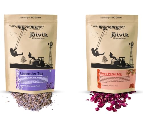Image of Jaivik Uttarakhand Fragrant Lavender Flower Buds, Rose Petals (100g Each), Unique Blend Crafted Loose Leaf Tea for Chai Lovers Across India, Combo (Pack of 2)
