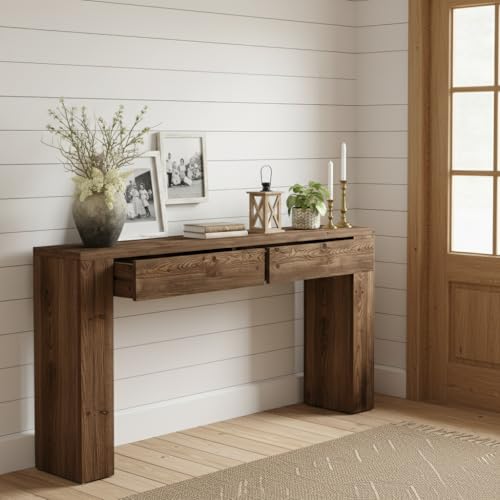 Little Tree Solid Wood 63 Inches Console Table with 2 Drawers, Vintage Brown Sofa Table Behind Couch for Living Room, Long Hallway Foyer Entryway Table for Entrance by LITTLE TREE - Image 5