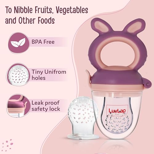 Image of LuvLap Silicone Food /Fruit Nibbler with Extra Mesh, Soft Pacifier /Feeder, Teether for Baby, Infant, Bunny Violet & Pink (Pack of 4)