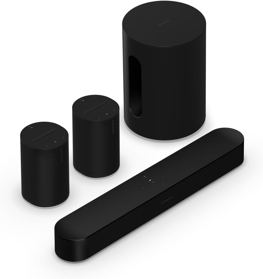 Sonos Beam (Gen 2) Soundbar with Dolby Atmos + Sub Mini Wireless Subwoofer for Deep Bass + Era 100 (Pair) Smart Speaker with WiFi & Bluetooth | Complete Home Audio System for TV & Music – Black