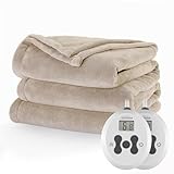 Sunbeam Electric Royal Luxe Microplush Heated Blanket 12 Heat Settings, 12-Hour Selectable Auto Shut-Off, Fast Heating, Warm and Cozy, Sandstone Color, Queen, 90' x 84'