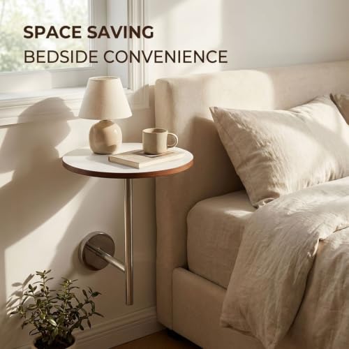 Mesa auxiliar de pared en L flotante de 35cm para noche y café color blanco y nogal 5