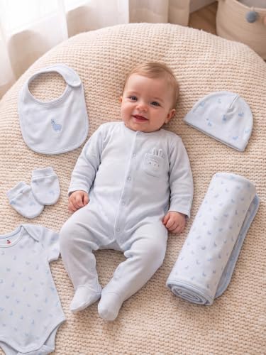 Image of 6 Pcs Clothing Gift Set with Box, 100% Cotton Soft & Breathable 6-Piece Layette Set with Bodysuit, Romper, Bib, Cap, Mittens & Swaddle, 0-12 Months, All-Season Wear