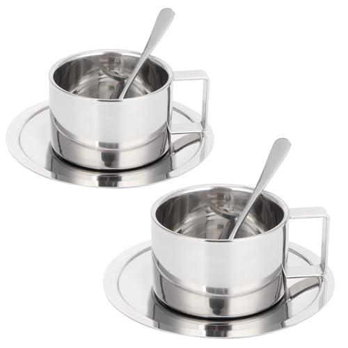 Beufee 2Pcs Stainless Steel Modern Double Wall Insulation Coffee Cup with Handle, Silver, Set of 2, Adult, Home, Office