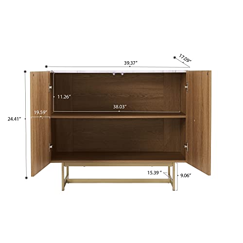 Roomfitters 39" Modern Sideboard Buffet Cabinet, Herringbone Pattern Mid-Century Credenza With Doors, Media Console With Storage, Wine Cabinet For Kitchen, Living Room, Entryway, Oak, Gold Metal Legs #TOP1