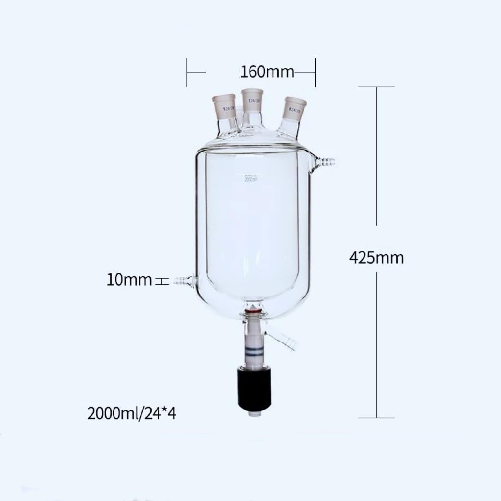 Four Mouth Jacketed Reaction Bottle with PTFE Plunger Valve - Double-Layer Reactor Flask for Reactions(2000mL 24x24x24x24)