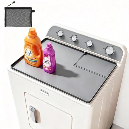 Cfsnrts Dryer Top Protector Mat with Lint Trap Hole Cut Out Set 26 x 17.75 Non-Slip Waterproof Dustproof Silicone Dryer Cover with Raised Lip Laundry Machine Cover for Laundry Room & Kitchen