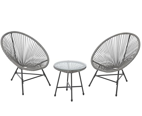 AVANTI TRENDSTORE - Cosenza - Set da giardino in rattan sintetico di colore grigio, composto da 2 poltrone e 1 tavolino rotondo con vetro. Tavolino ca. 45x46x30cm, Poltrone ca. 70x80x65 cm