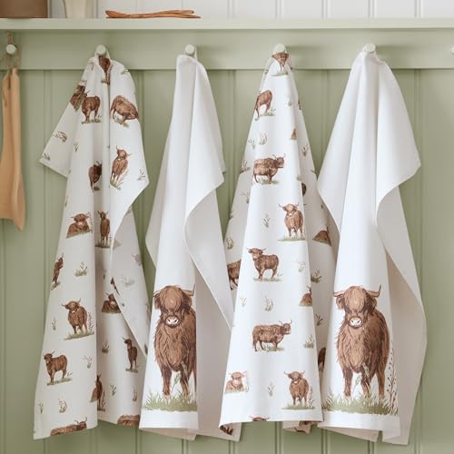 Image of Catherine Lansfield Angus Highland Cow Cotton 50x75cm Kitchen Tea Towel Pack of 4 Natural