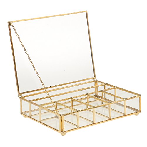 Caja de Cristal Cuadrada Geométrica Moderna de Torrecilla con Marco de Metal Robusto 7 Rejillas de DIY para Planta/Flor/Planta Grasa - Cobre, 20 x 15 x 5cm