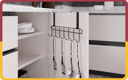 Image of Over The Door Steel Hook Hanger | Strong Heavy-Duty Door Organiser | Holder for Coat Hanging, Hat, Clothes, Towels, Napkin 7 Hooks, No Drilling Black (Black)