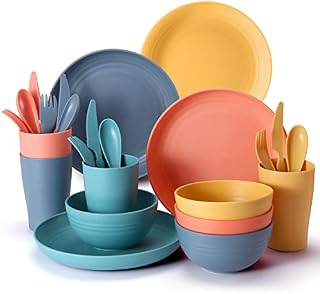 Odoland Camping Cutlery Set Include Bowl, Cup, Dish, Fork, Spoon 24pcs - Unbreakable and Lightweight Hiking Tableware Mess Kit for Indoor Outdoor Dinner Party and Picnic, for 4 People