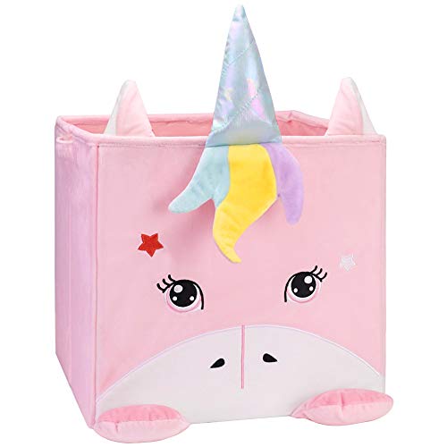 Chener Unicorn Toy Storage Bins, Plush Toy Box for Kids Smell Free Velvet Cube Organizer Collapsible Toy Storage Basket Cubes for Girls 12.6 in Washable Cube Storage Chests for Baby Nursery Room-Pink