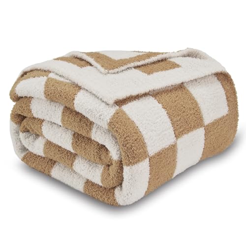 Image of CozeCube Beige White Reversible Checkered Knit Throw Blanket 60 inchx80 inch