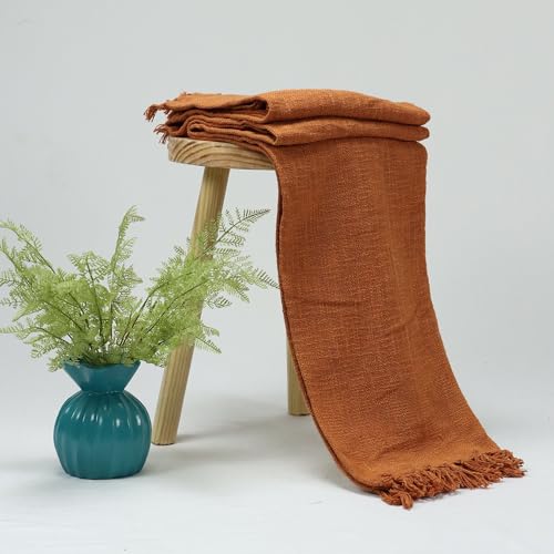 Image of Handmade Cotton Jute Sofa Throw 50x60 Inch Solid Soft Blanket for Living Room, Bed, Couch (Rust Brown)