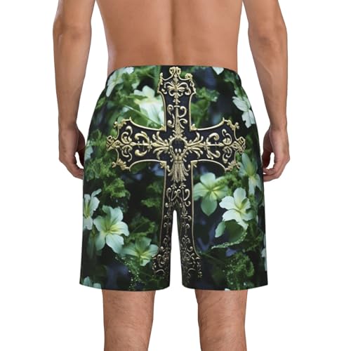Men's Swim Trunks Black Cross Among Green Flowers Quick Dry Board Shorts Mens Bathing Suit Beach Swimwear with Pockets3