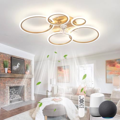 KeLuKes Ceiling Fan with Light Compatible with Alexa, 100cm Living Room Ceiling Fan Light, Silent Timer Dimmable Reversible Ring Fans with Lamps, Gold