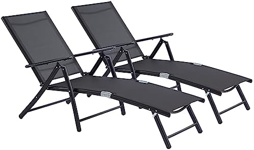 Haquatisol Outdoor Chaise Lounge Chair Set of 2，Reclining Folding Pool Patio Lounger with 8 Level Adjustable Backrest, Aluminum Portable Recliner for Lawn Garden Beach Yard, 330lbs Weight Capacity