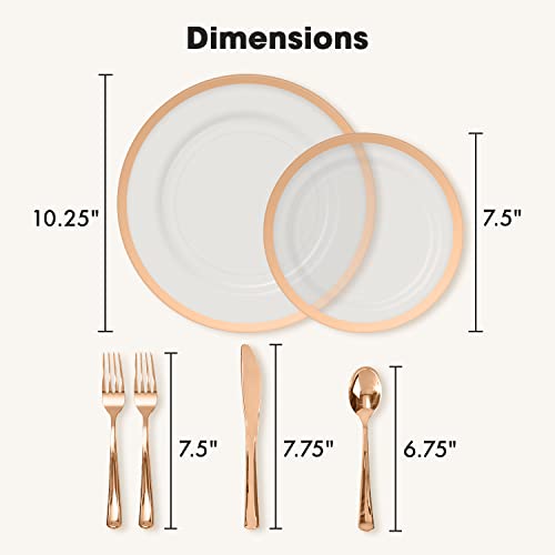 By Madee Heavyweight Plastic Plates Disposable Dinnerware Set - Rose Gold & Clear 150 Piece Set For 25 Guests - Dinner & Salad Plates, Silverware & Gift Of 3D Butterflies - Premium Plastic Supplies #TOP3