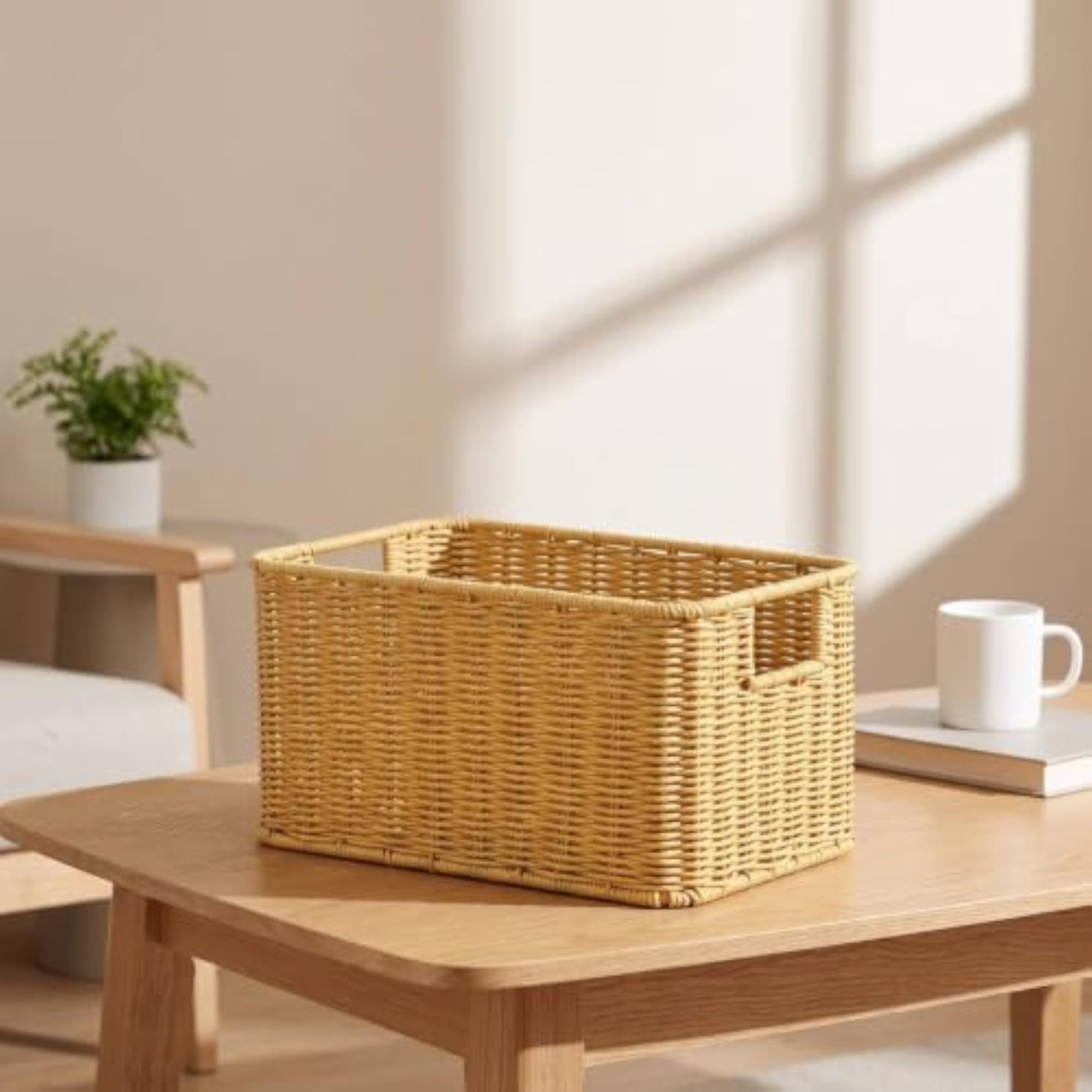 Open Top Woven Storage Basket with Handles, Rectangular