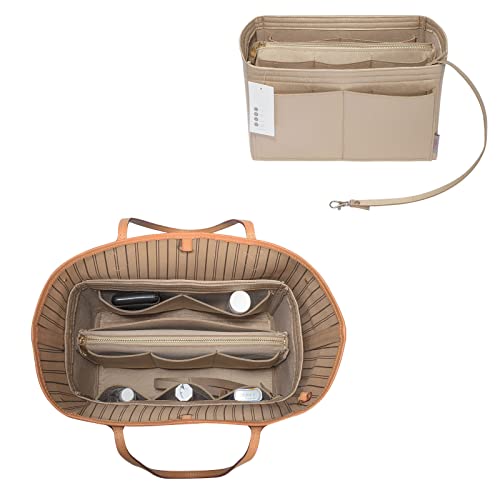ZTUJO Purse Organizer Insert, Felt Bag Organizer with Metal Zipper, Handbag & Tote Shaper, For Speedy Neverfull Tote, 7 Sizes(Large, Silky Beige)