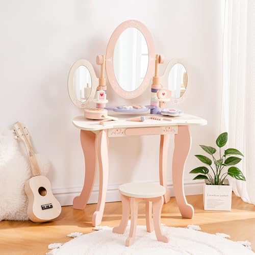 Image of ROBOTIME Kids Vanity Set with Mirror and Stool - Wooden Pink Makeup Table with 11 PCS Accessories - Play Beauty Dresser with Mirrors, Drawer- Kids Vanity Table and Chair Set for Girls Ages 3+