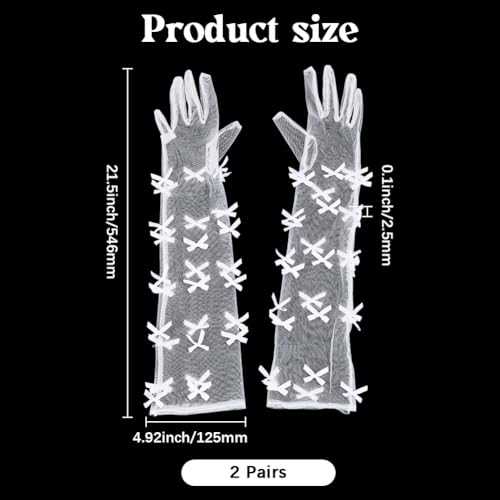 2 Pairs White Sheer Bowknot Elbow Length Long Lace Gloves Mini Bow Finger tulle Mesh Transparent Arm Accessories Sleeve Polyester Glove for Women Wedding Coquette Party Decoration Masquerade2