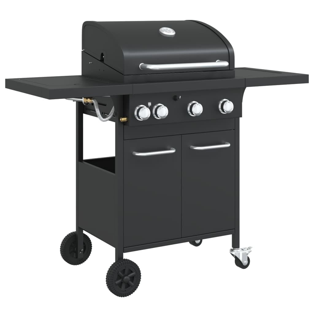 vidaXL Gasgrill mit 4 Flammen, Grillwagen mit Piezo-Zündsystem Thermometer, Gartengrill mit Rädern Stauraum, Grillstation, Schwarz Pulverbeschichteter Stahl