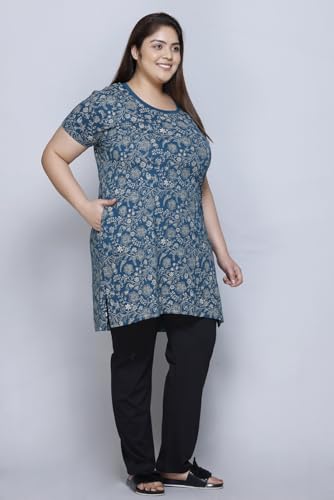 Image of RYSH Women's All-Over Printed Cotton Plus Size Longline T-Shirt Half Sleeve with Pockets Turquoise L