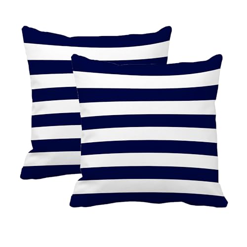 Leaveland Retro Navy Blue Stripe 20x20 Inch Set of 2 Cotton Polyester Square Throw Pillow Case Decorative Durable Cushion Slipcover Home Decor Sofa Porch Standard Size Accent Pillowcase Encasement