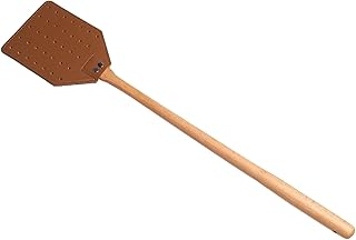 ulafbwur Matamoscas remachado de acero inoxidable de piel sintética con remaches de mango de madera, duradero y portátil para un color marrón fiable