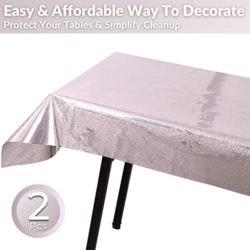 Pixipy Disposable Plastic Tablecloths - 2-Pack Table Cloth For Parties - 108" X 40" Party Table Cloths Set - Silver Disposable Tablecloths For Rectangle Tables Up To 8Ft - Silver Party Decorations #TOP1