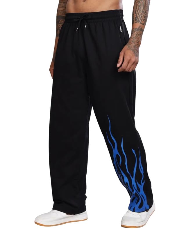 Image of Cotton Joggers with Blue Flame Print | Elastic Waist Track Pants | Casual Streetwear | Black Baggy Pants | Sweatpants for Gym Running and Lounge