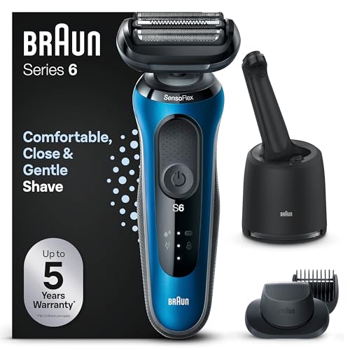 Braun Series 6 Rasierer Herren Elektrisch mit EasyClick Aufsatz, Elektrorasierer & Barttrimmer, Reinigungsstation, SensoFlex, Wet & Dry, wiederaufladbar & kabellos, 61-B7500cc, blau