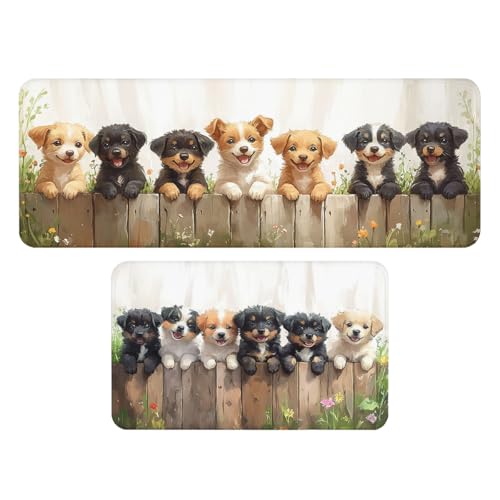 WTTPYDL Dog Kitchen Rug Set of 2, Cute Puppy Country Wooden