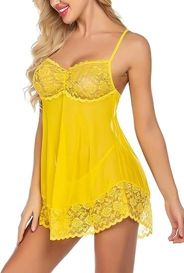 Women’s Sheer Lace Lingerie Nightwear with Spaghetti Straps and Matching Panty – Sexy Transparent Babydoll Dress for Honeymoon, Bedroom, Romantic Nights, and Special Occasions (Women, Yellow, S)-image-13