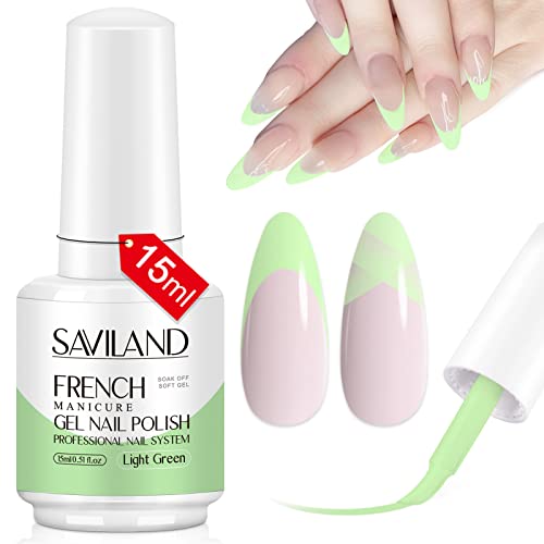 Saviland French Gel Nail Polish—15ml Light Green Gel Polish Soak off U V LED Nail Art Polish French Manicure Starter Gel for Professional Nail Salon & DIY at Home