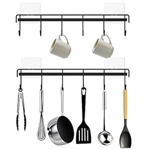 Kitchen Utensil Hanger, Adhesive Utensil Holder Wall Mount Kitchen Rack Rail with 12 Hooks, Space Saving and No Drilling, Black, 2 Pcs