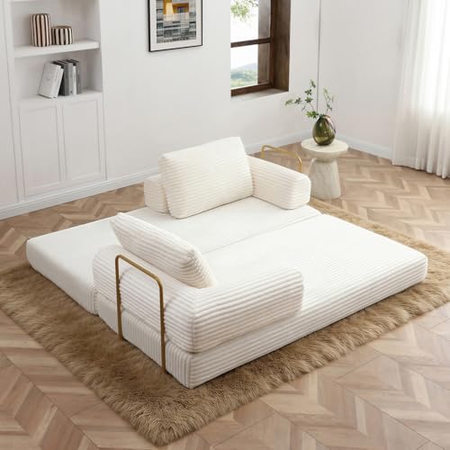 Image of HANXIN 80 Inch Convertible Sleeper Sofa Bed, High Back Plush Corduroy Folding Floor Mattress Couch with Fixed-Shape Frame, Boneless Futon Loveseat with Pull Out Bed, No Assembly Required (Beige)