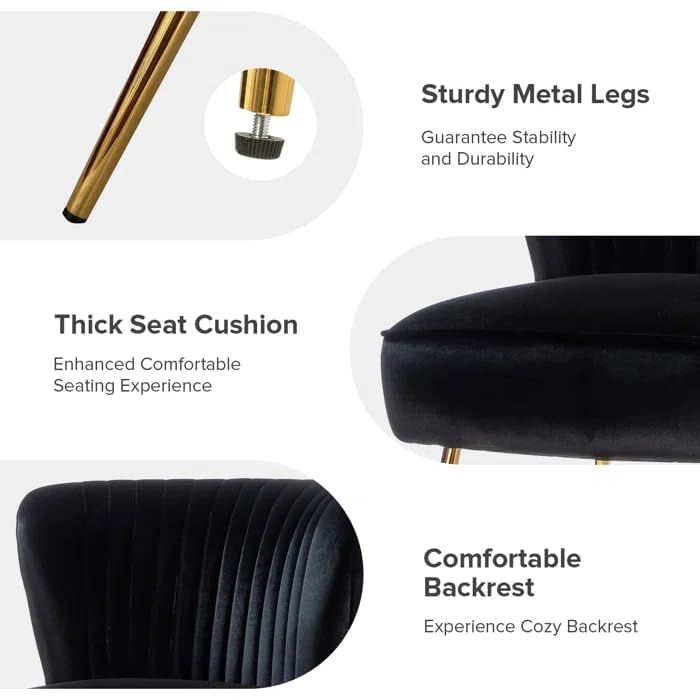 Image of Modern Upholstered Accent Velvet Chair Single Seater Channel Tufted Wing Back Chair with Golden Matel Legs for Living Room, Bedroom, Dining Room, Black
