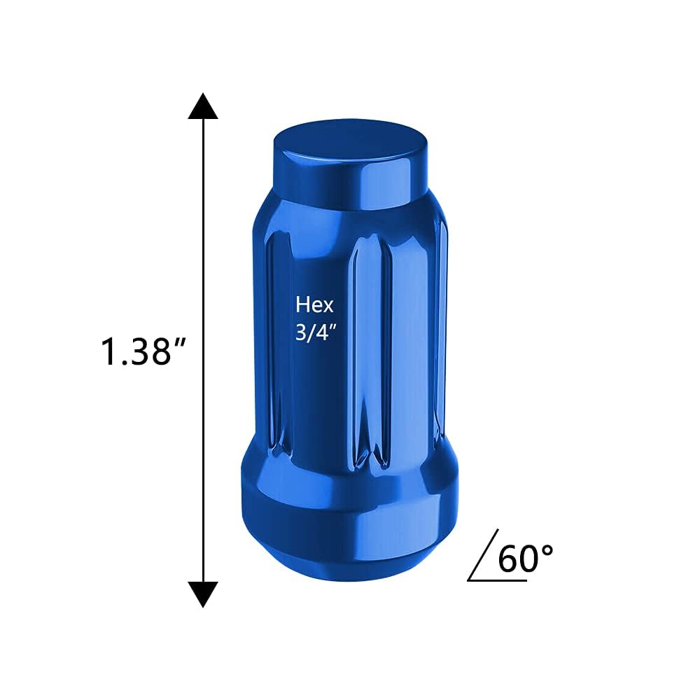 1/2" x20 Closed End Lug Nuts, Hunting Horse Set of 20 1.38" Tall 3/4" Hex Conical Seat Spline Lug Nuts with 1 Spline Key, Blue
