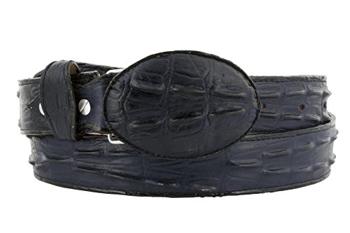El Presidente Mens Denim Blue Cowboy Belt Crocodile Tail Print Leather Belt Round Buckle
