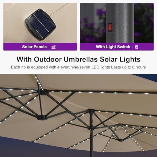 Image of PURPLE LEAF 14ft Patio Umbrella with Solar Lights Outdoor Double-Sided Market Umbrella with Base Included Rectangle Table Umbrella for Pool Garden Backyard, Khaki